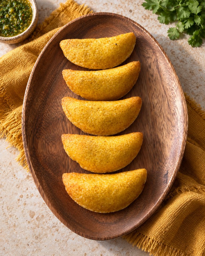 Five golden Colombian empanadas on a wooden platter with green salsa
